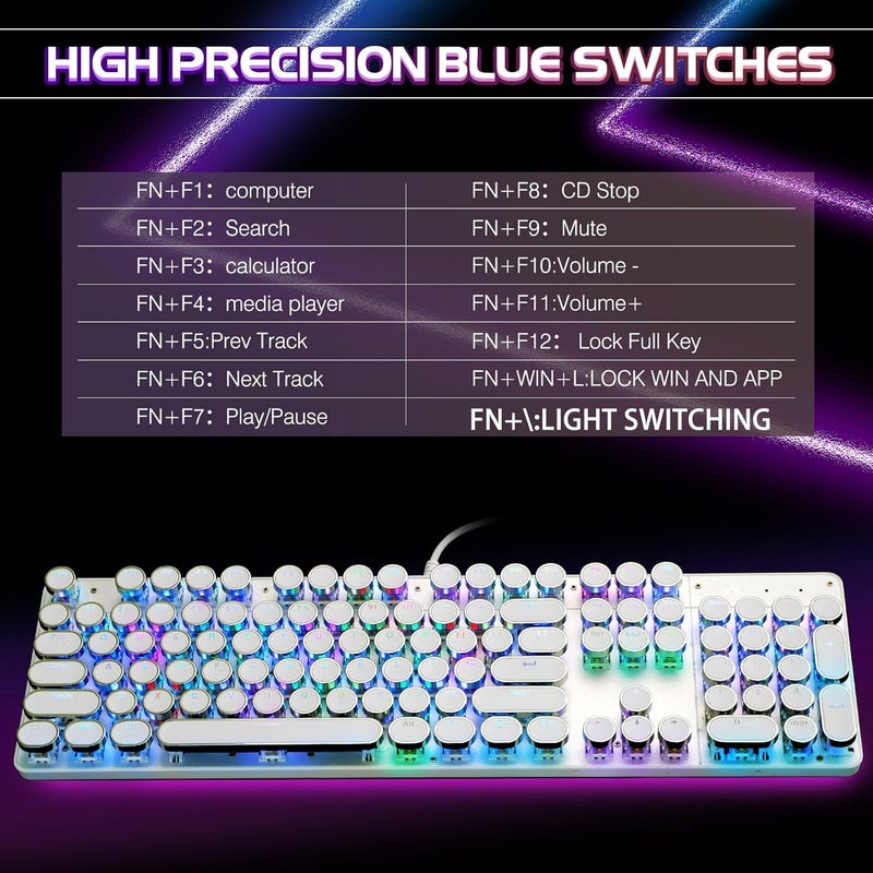 YSCP Typewriter Style Mechanical Gaming Keyboard RGB Backlit Wired with Blue Switch Retro Round Keycap 104 Keys Keyboard (White 104 Keys RGB) - Image 2